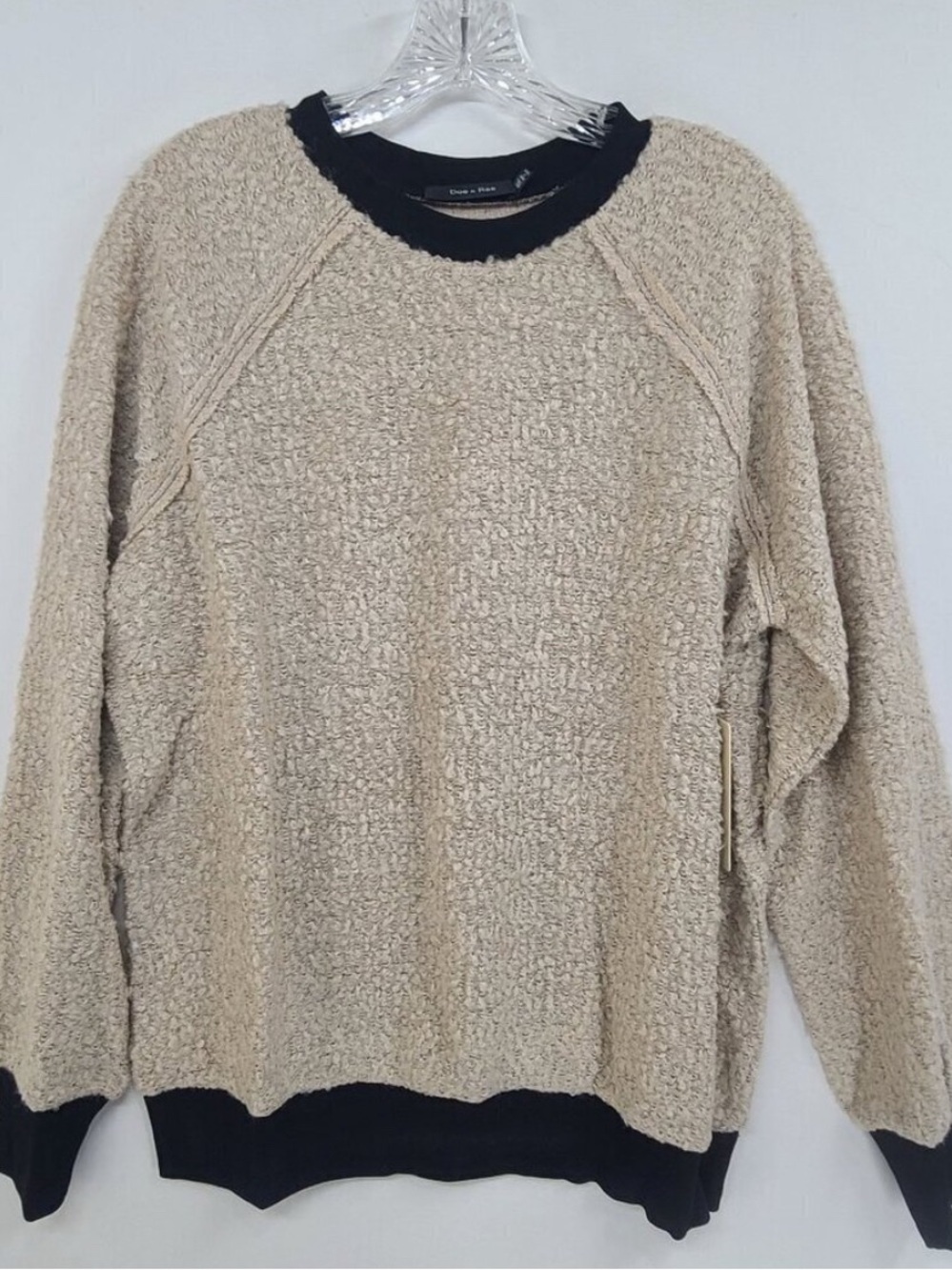 Doe & Rae Beige Bouclé Crewneck Sweater with Black Trim Accents